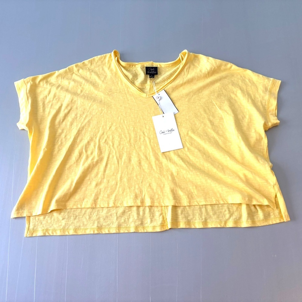 NWT Oak & trellis V-Neck T-Shirt Top Large L Yellow Slub Cotton Hi-Lo Hem $40